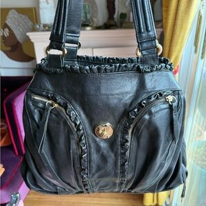 Treesje Black Leather Shoulder Bag with Gold Accents